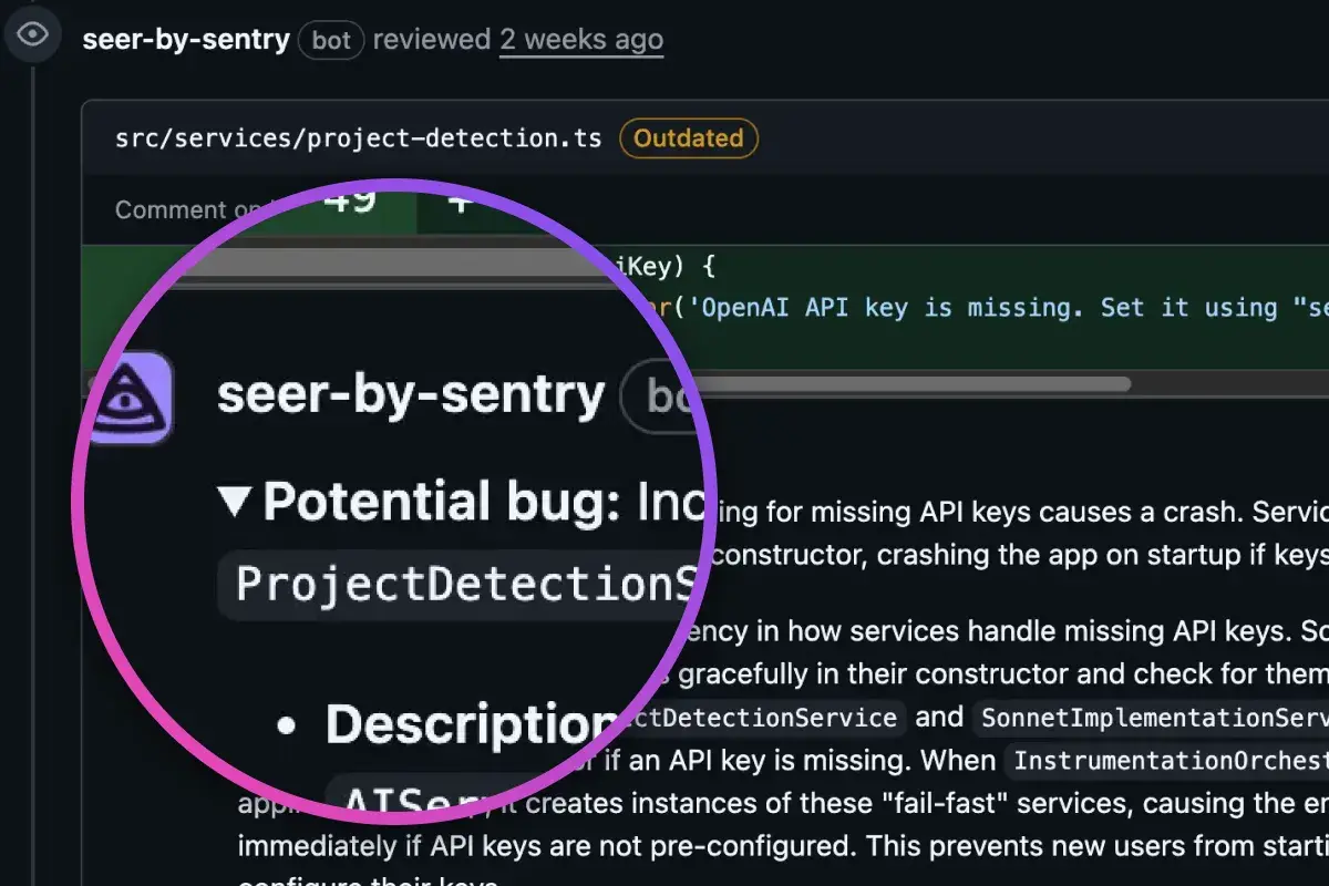 GitHub code review by the Seer highlighting a potential bug: inconsistent error handling for missing OpenAI API keys in ProjectDetectionService, which throws an error in the constructor and may crash the app on startup.